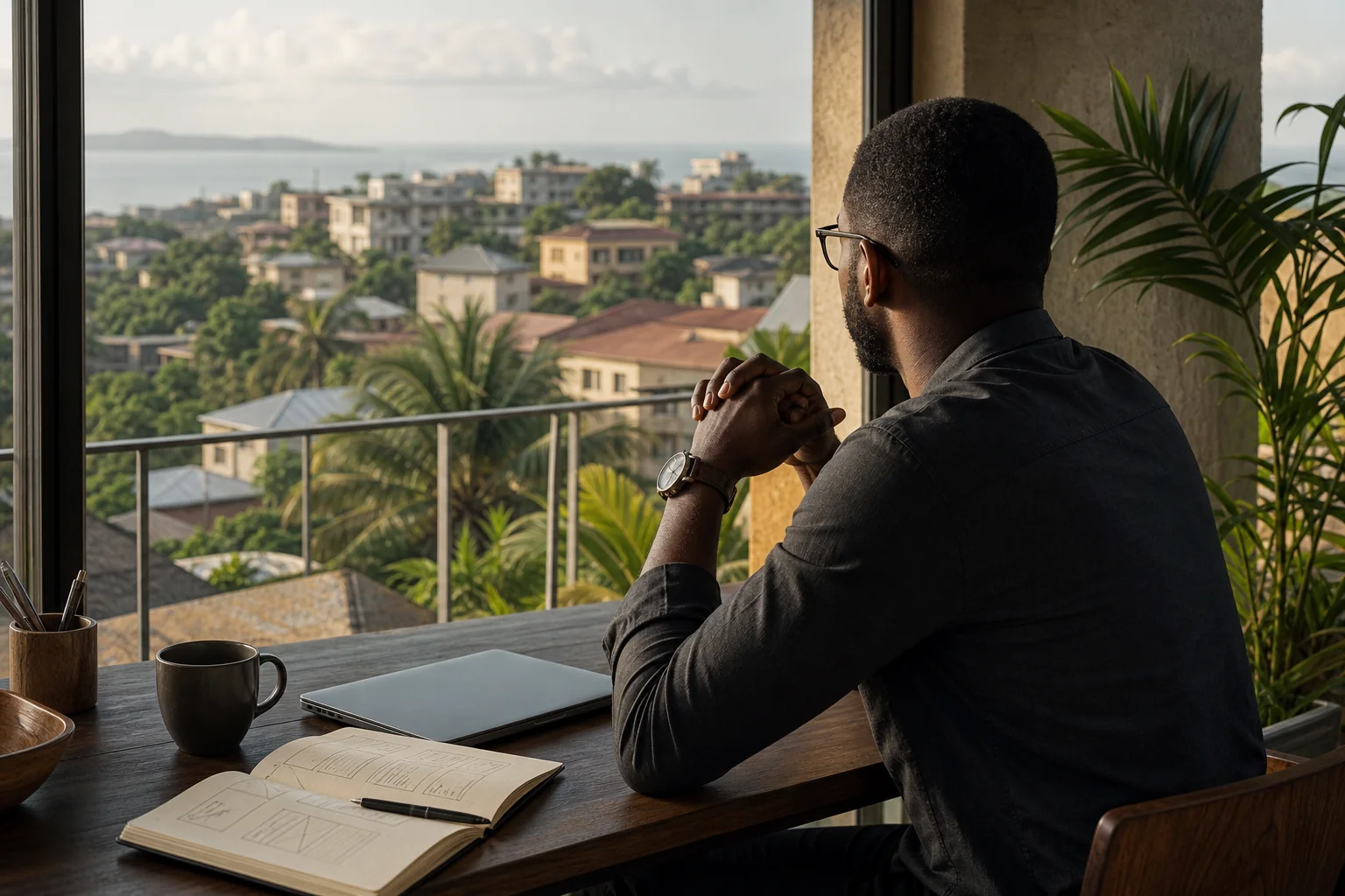 Un professionnel contemple Conakry depuis son espace de travail