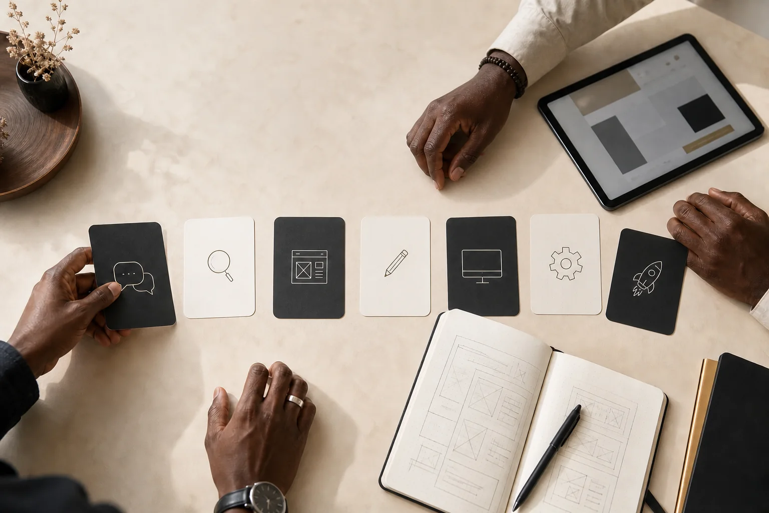 Sept cartes représentent les étapes successives d'un projet digital